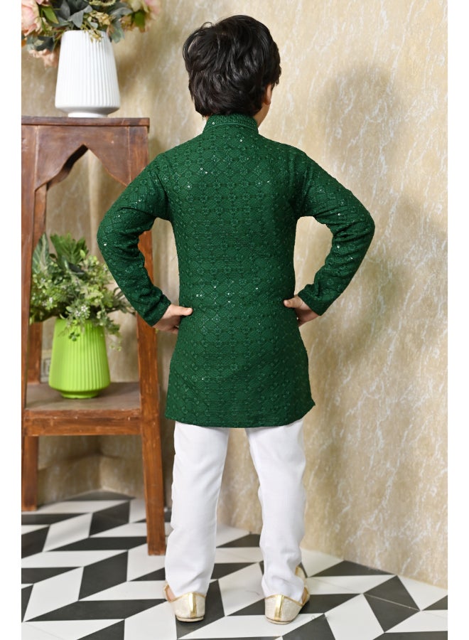 BT DEZINES Boys Green Chikankari Kurta Pyjama Set - Image 2