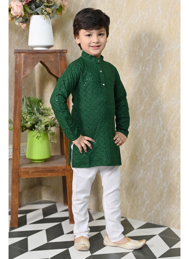 BT DEZINES Boys Green Chikankari Kurta Pyjama Set - Image 4