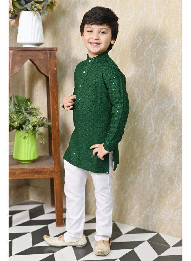 BT DEZINES Boys Green Chikankari Kurta Pyjama Set - Image 3