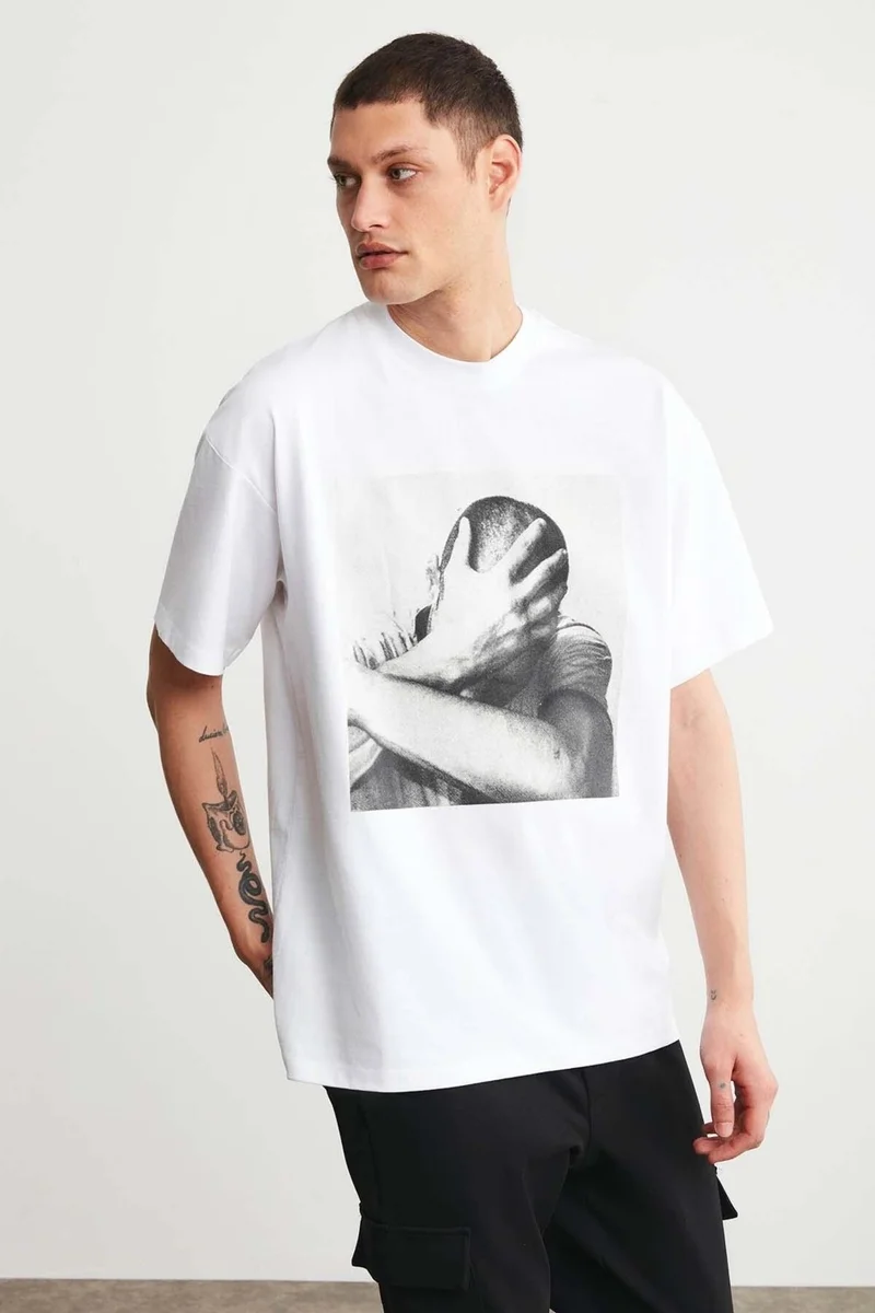 GRIMELANGE Elvis Men's Thick Textured Print Detailed Oversize Fit Loose Cut & 100% Organic Cotton White T-shirt