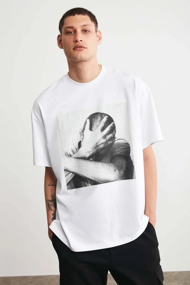 GRIMELANGE Elvis Men's Thick Textured Print Detailed Oversize Fit Loose Cut & 100% Organic Cotton White T-shirt