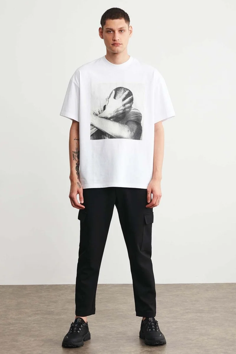 GRIMELANGE Elvis Men's Thick Textured Print Detailed Oversize Fit Loose Cut & 100% Organic Cotton White T-shirt
