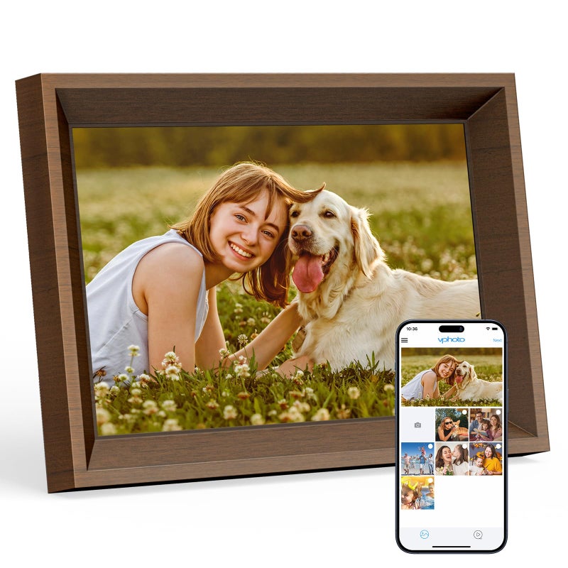 Dragon Touch Digital Picture Frame 101 WiFi Digital Photo Frame for GiftsShow Videos on AutoRotate WallMountable Touch Screen FrameEasy Share Send via Phone APP EmailWood Brown