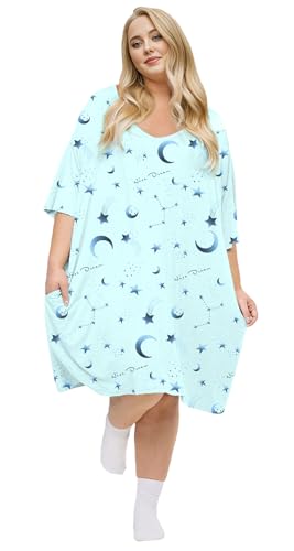 KFUBUO Plus Size Nightgowns for Women V-Neck Sleep Shirts Short Sleeves Stars Print Sleepwear With Pocket Fit S-5XL - Image 1