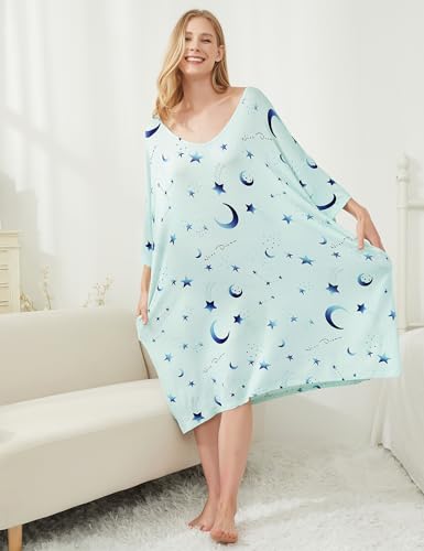 KFUBUO Plus Size Nightgowns for Women V-Neck Sleep Shirts Short Sleeves Stars Print Sleepwear With Pocket Fit S-5XL - Image 3