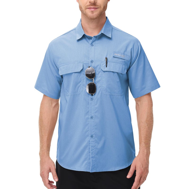 Satankud Fishing Shirts for Men Short Sleeve Sun Protection Cooling Hiking Shirt for Travel Safari Camping Work (MistBlue, L) - Image 1