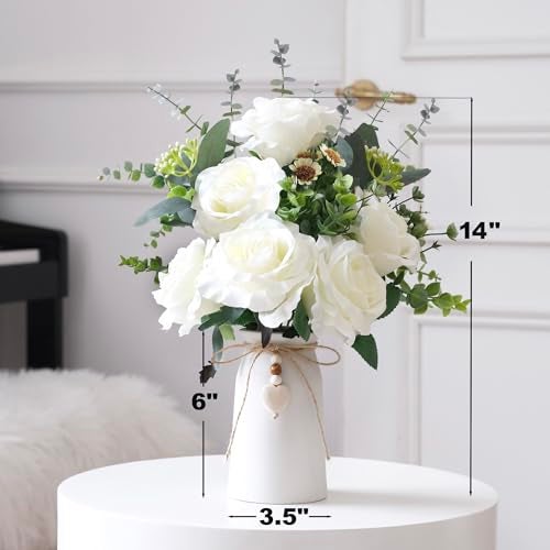 hopeme Artificial Rose Flower Arrangement in 6 White Ceramic Vase with Heart Charm Dcor Flower Arrangement with Eucalyptus Stems and Greenery Rustic Farmhouse Table Centerpiece 14H x 9W - Image 3