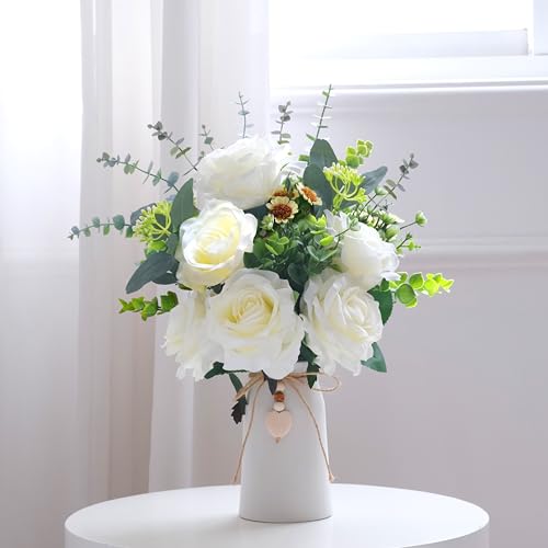 hopeme Artificial Rose Flower Arrangement in 6 White Ceramic Vase with Heart Charm Dcor Flower Arrangement with Eucalyptus Stems and Greenery Rustic Farmhouse Table Centerpiece 14H x 9W - Image 1