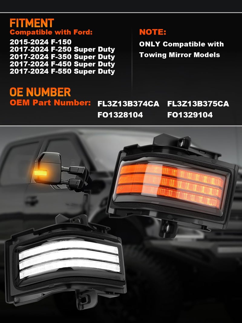 JURPLIX LED Sequential Side Mirror Turn Signal Marker Light Compatible with Ford F150 2015-2023, F250 F350 F450 F550 Super Duty 2017-2023, White DRL & Amber Dynamic Turn Marker Lamp, Smoke Lens 2PCS - Image 2