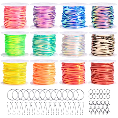 PP OPOUNT Laser Reflective Lanyard String, 12 Rolls Plastic Lacing Cord with 20 Key Chain Rings, 20 Snap Clips and 10 Lobster Clips, Gimp String Kit for DIY Bracelets, Key Chain and Lanyards - Image 1