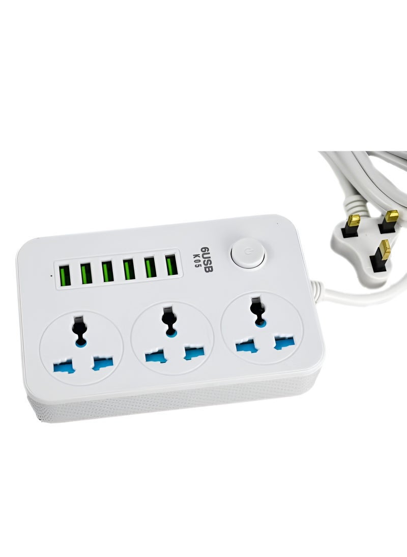 ELTRAZONE Power Strips Extension Cord with 3 AC Outlets & 6 USB Ports – Universal Charging Socket for Multiple Devices, 2 Meter Heavy-Duty Bold Extension Cord, Overload Protection, Ideal for Home, Office, and Travel  - Image 1