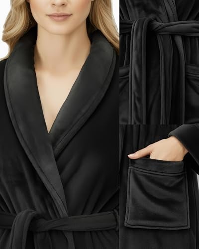 NY Threads روب نسائي فاخر من NY Threads، روب استحمام طويل من الفليس الناعم للنساء، روب استحمام نسائي ناعم ورقيق، كبير، أسود - Image 3