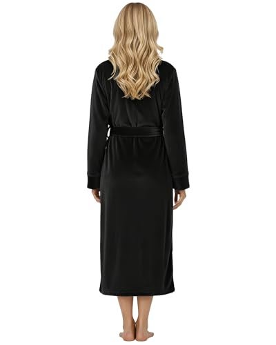 NY Threads روب نسائي فاخر من NY Threads، روب استحمام طويل من الفليس الناعم للنساء، روب استحمام نسائي ناعم ورقيق، كبير، أسود - Image 2