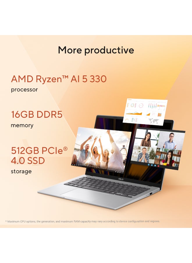 أسوس لابتوب فيفو بوك 14 بشاشة 14 بوصة، مع معالج AMD Ryzen AI 5 330/ذاكرة RAM سعة 16 جيجابايت/قرص SSD سعة 512 جيجابايت/نظام ويندوز 11 هوم - Image 3