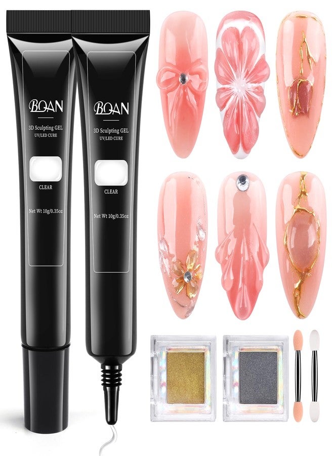 BQAN 3in1 3D Nail Sculpting Gel Kit, 2x10g Sculpting Design No-Wipe 3D Gel whit Chrome Powder for Rhinestones / DIY Nail Art, Perfect for Salon & Home Use (Clear) - Image 1