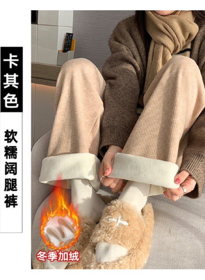 XINYANG Chenille Wide-leg Pants For Women - High Waist, Flowy Straight-leg, Fleece-lined Knit Casual Trousers - Image 1