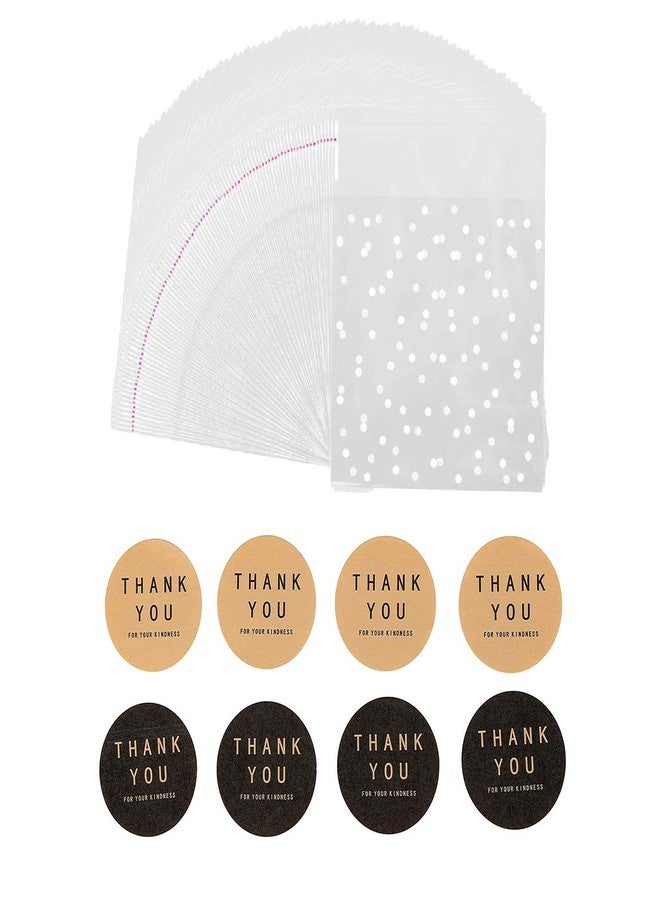 BEFORYOU 400PCS White Polka Dot Treat Bags Set Self Adhesive Candy Cookie Bags Set, 200 Cellophane Bags + 200 Thank You Sticker for Bakery Biscuit Chocolate Snacks Dessert (5.5x5.5Inches) - Image 1
