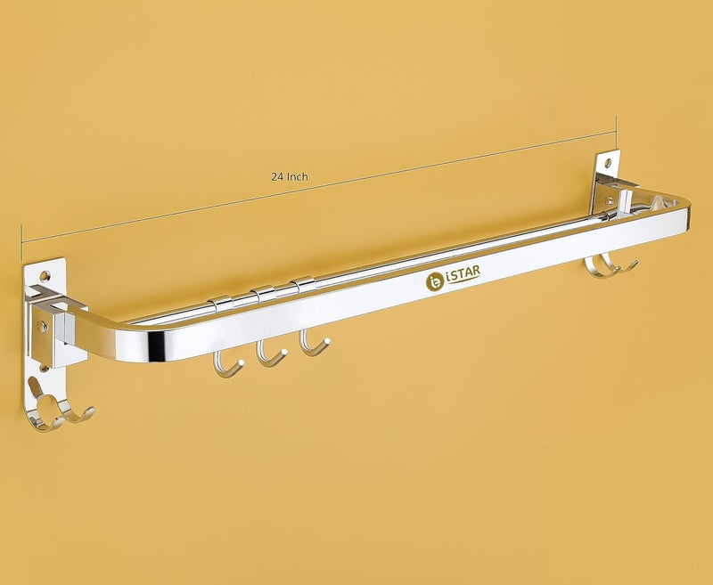 iSTAR Stainless Steel 304 Grade Foldable Towel Hanger for Bathroom/Towel Rod/Bar/Bathroom Accessories(24inch-Chrome) - Pack of 1 (Round) - Image 4