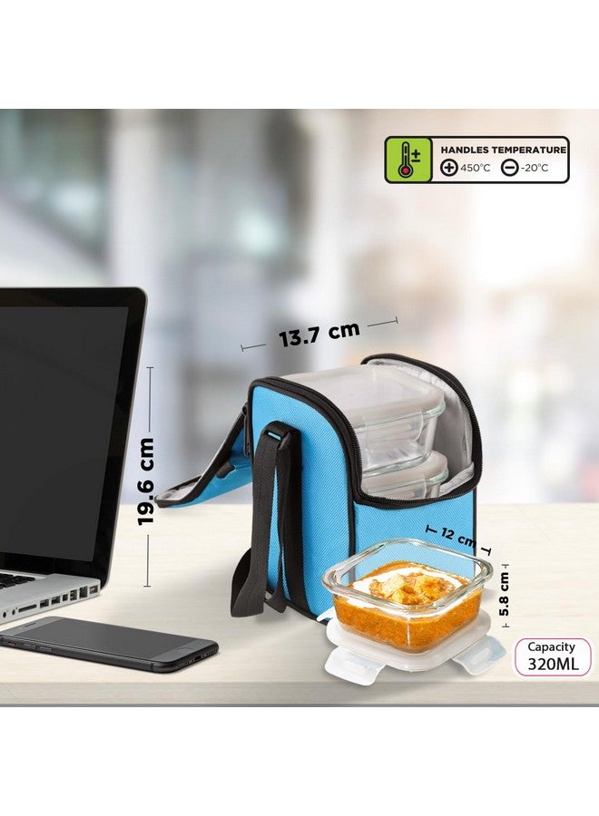 Allo Food Safe Borosilicate Glass Lunch Box, 450C Microwave Safe Lunch Box, Borosilicate Borosilicate Glass Tiffin for Office with Sky Blue Tiffin Bag, Set of 3, 320ml x 3, Square - Image 4