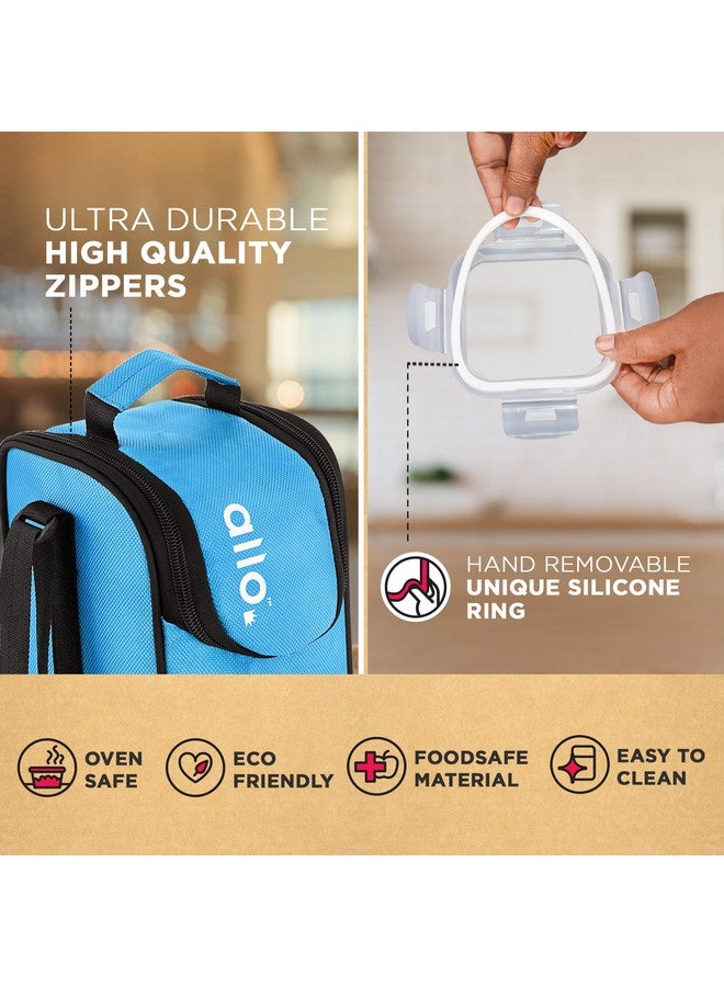 Allo Food Safe Borosilicate Glass Lunch Box, 450C Microwave Safe Lunch Box, Borosilicate Borosilicate Glass Tiffin for Office with Sky Blue Tiffin Bag, Set of 3, 320ml x 3, Square - Image 5