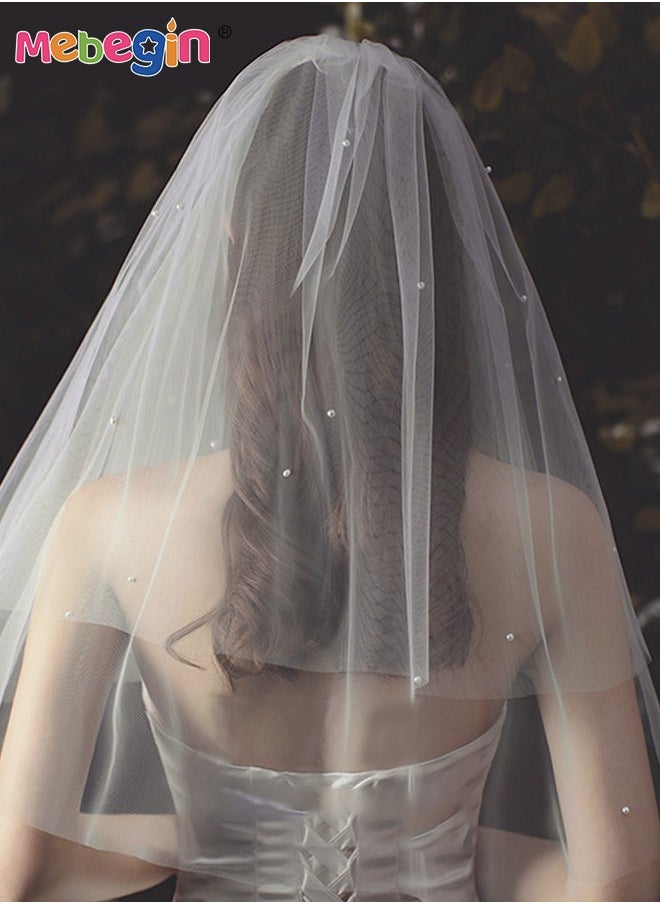 MEBEGIN Simple Elegant Bridal Veil with Pearls, Multilayer Mid Length Wedding Veil, Classic High-Quality Bridal Veil, Costumes Accessories, Easy to Wear and Be Stored, No Awful Odor, 60-80cm  - Image 3