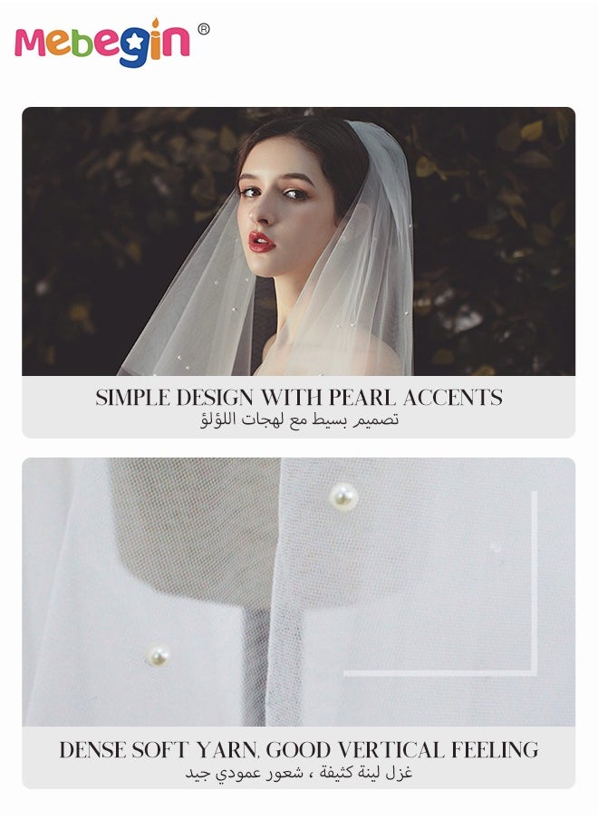 MEBEGIN Simple Elegant Bridal Veil with Pearls, Multilayer Mid Length Wedding Veil, Classic High-Quality Bridal Veil, Costumes Accessories, Easy to Wear and Be Stored, No Awful Odor, 60-80cm  - Image 4