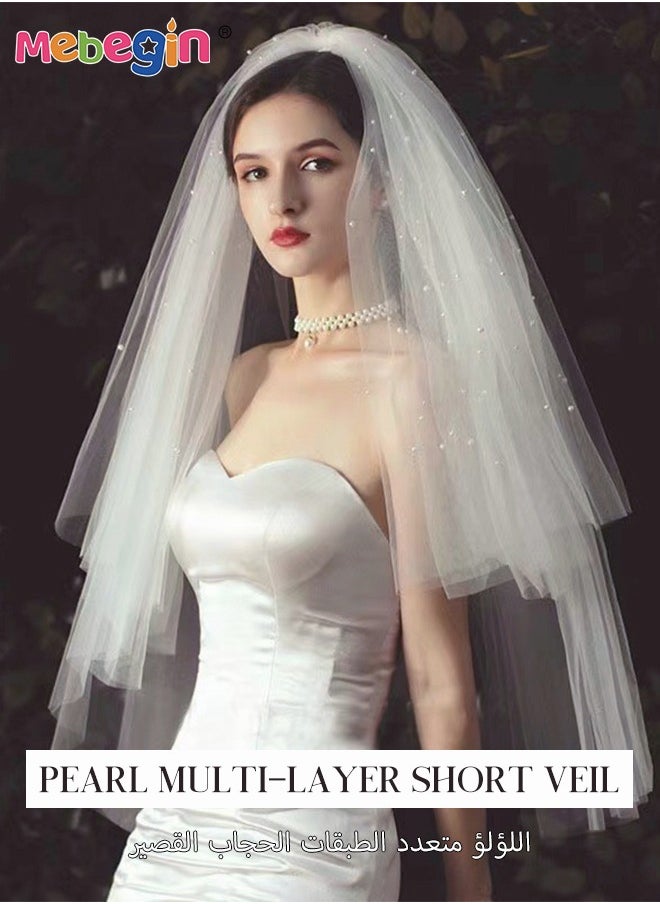 MEBEGIN Simple Elegant Bridal Veil with Pearls, Multilayer Mid Length Wedding Veil, Classic High-Quality Bridal Veil, Costumes Accessories, Easy to Wear and Be Stored, No Awful Odor, 60-80cm  - Image 2