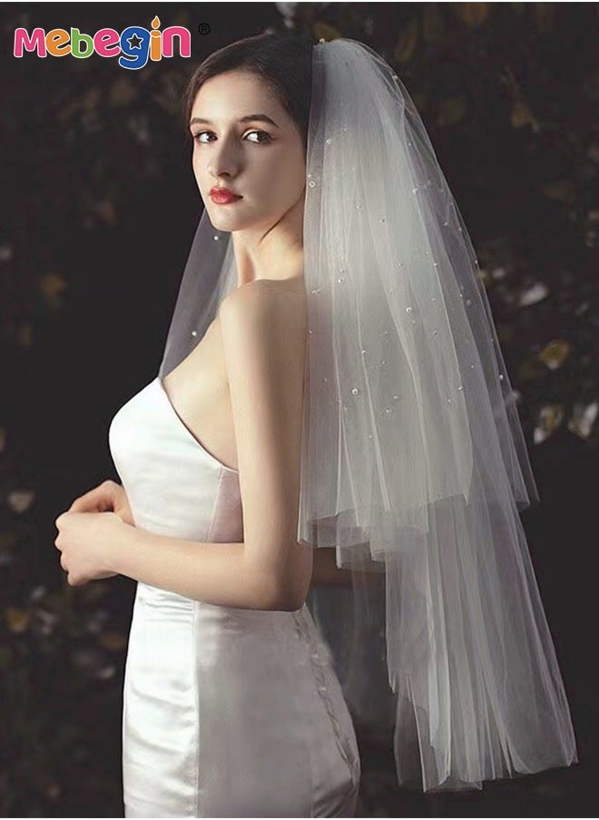MEBEGIN Simple Elegant Bridal Veil with Pearls, Multilayer Mid Length Wedding Veil, Classic High-Quality Bridal Veil, Costumes Accessories, Easy to Wear and Be Stored, No Awful Odor, 60-80cm  - Image 5