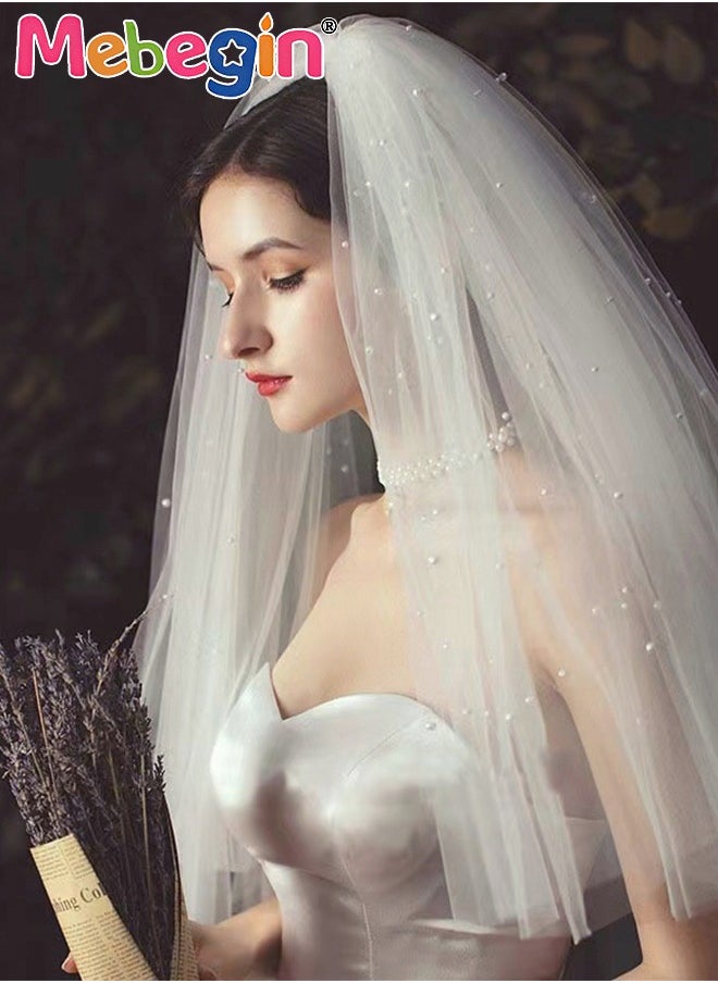 MEBEGIN Simple Elegant Bridal Veil with Pearls, Multilayer Mid Length Wedding Veil, Classic High-Quality Bridal Veil, Costumes Accessories, Easy to Wear and Be Stored, No Awful Odor, 60-80cm  - Image 1