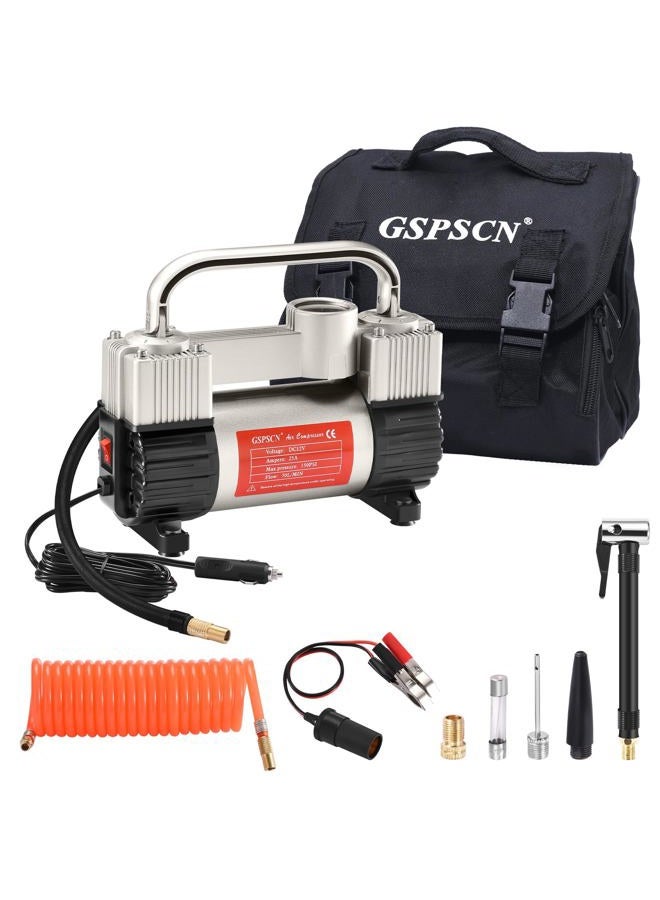 GSPSCN Silver Tire Inflator Heavy Duty Double Cylinders with Portable Bag, Metal 12V Air Compressor Pump 150PSI with Adapter for Car, Truck, SUV Tires, Dinghy, Air Bed etc - Image 1