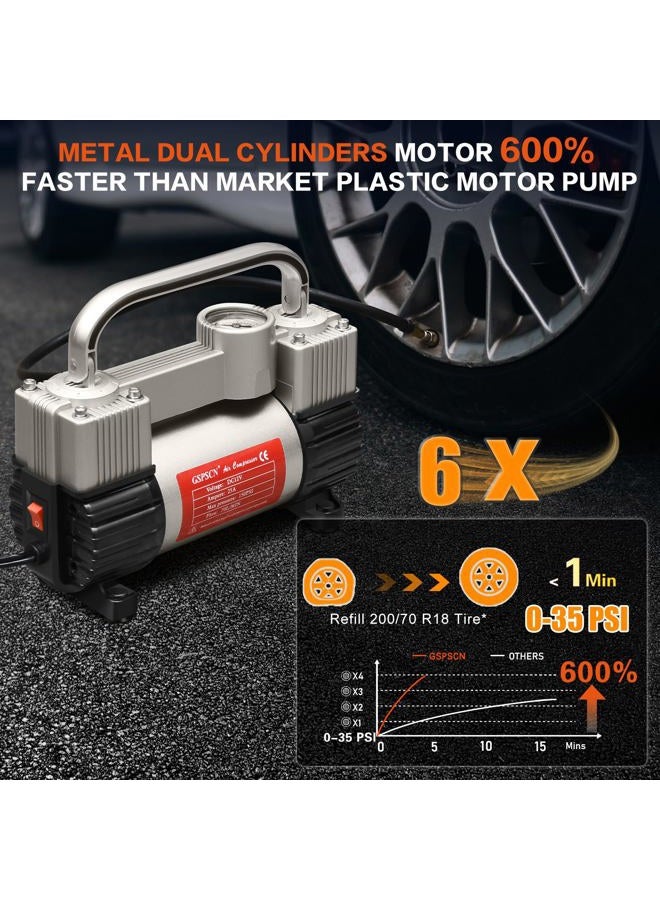 GSPSCN Silver Tire Inflator Heavy Duty Double Cylinders with Portable Bag, Metal 12V Air Compressor Pump 150PSI with Adapter for Car, Truck, SUV Tires, Dinghy, Air Bed etc - Image 3