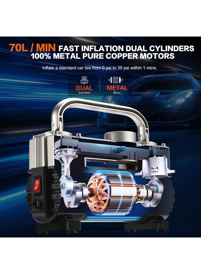 GSPSCN Silver Tire Inflator Heavy Duty Double Cylinders with Portable Bag, Metal 12V Air Compressor Pump 150PSI with Adapter for Car, Truck, SUV Tires, Dinghy, Air Bed etc - Image 5