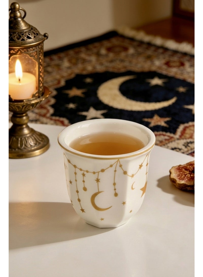 kangchoice Ceramic Coffee Cup With Star Crescent Design, 250ml Arabic Coffee Tea Cup, White & Golden Mug, Espresso Mug, Tea Cup, for Turkish Tea, Cappuccino, Latte, Gifts for & Eid al Adha - Image 1