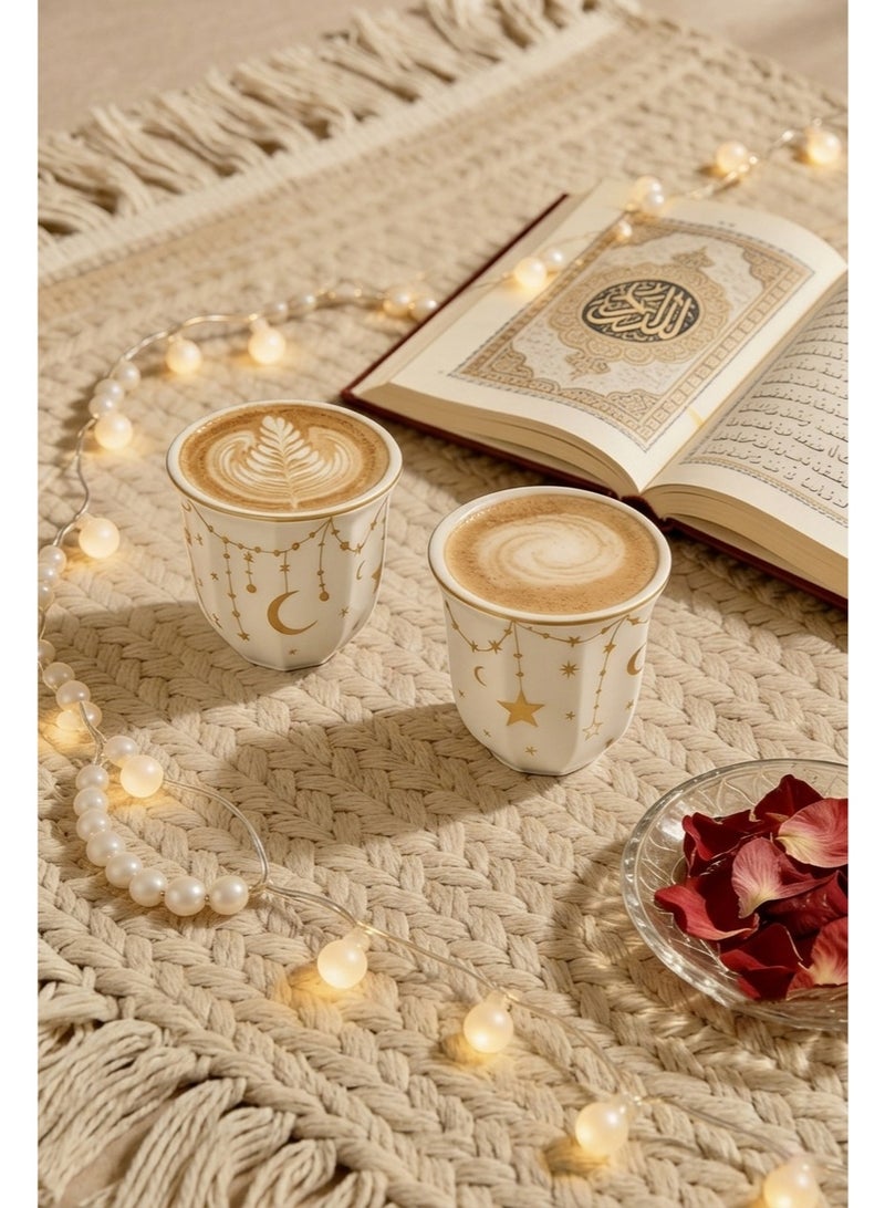 kangchoice Ceramic Coffee Cup With Star Crescent Design, 250ml Arabic Coffee Tea Cup, White & Golden Mug, Espresso Mug, Tea Cup, for Turkish Tea, Cappuccino, Latte, Gifts for & Eid al Adha - Image 2