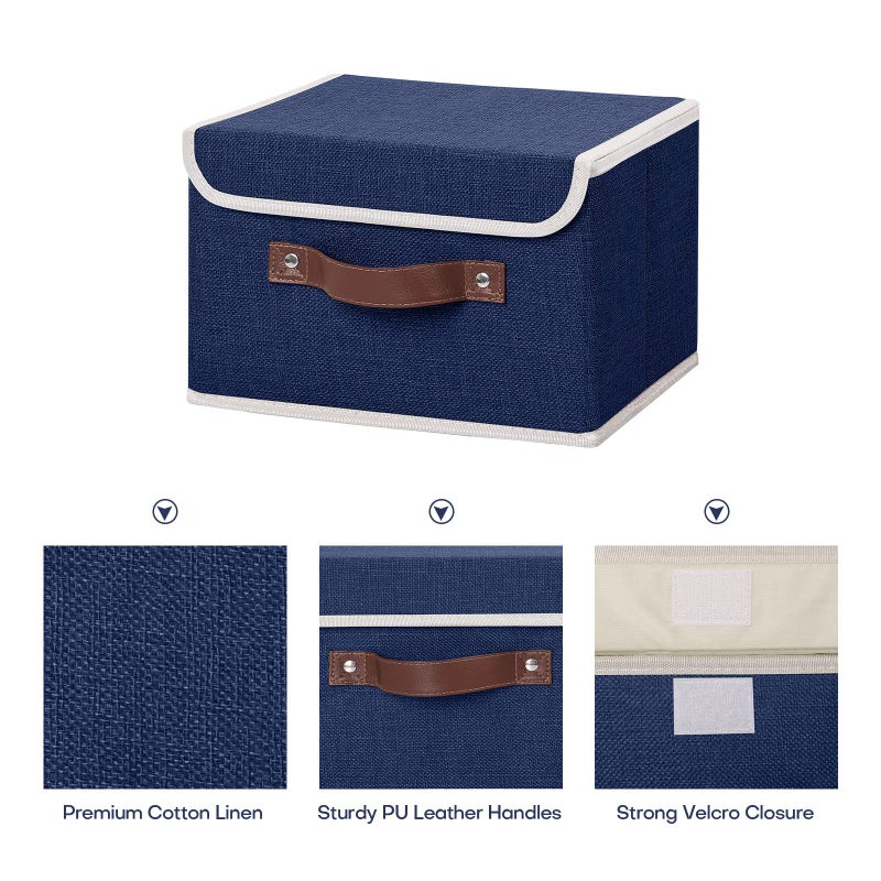 ANMINY Storage Bin with Lid Storage Boxes with PU Leather Handles PP Plastic Board Decorative Foldable Lidded Cotton Linen Fabric Home Cubes Baskets Closet Organizer Container - Blue, Small Size - Image 3