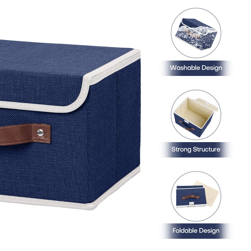 ANMINY Storage Bin with Lid Storage Boxes with PU Leather Handles PP Plastic Board Decorative Foldable Lidded Cotton Linen Fabric Home Cubes Baskets Closet Organizer Container - Blue, Small Size - Image 4