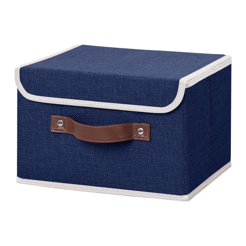 ANMINY Storage Bin with Lid Storage Boxes with PU Leather Handles PP Plastic Board Decorative Foldable Lidded Cotton Linen Fabric Home Cubes Baskets Closet Organizer Container - Blue, Small Size - Image 1