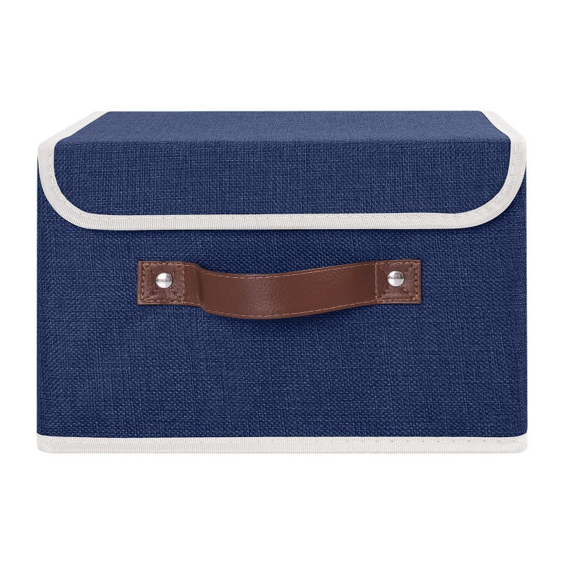ANMINY Storage Bin with Lid Storage Boxes with PU Leather Handles PP Plastic Board Decorative Foldable Lidded Cotton Linen Fabric Home Cubes Baskets Closet Organizer Container - Blue, Small Size - Image 2