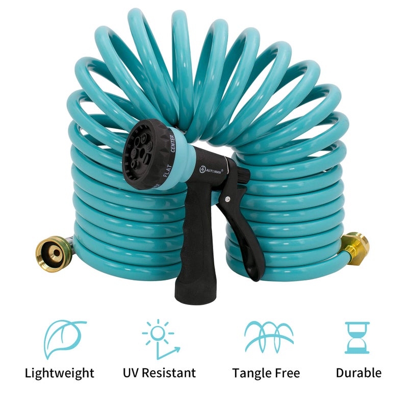 AUTOMAN EVA Recoil Garden Hose 25ft - Includes 7 Pattern Spray Nozzle,Curly Water Hose 25 Foot,Watering Coil,Retractable,Corrosion Resistant Garden Coil Hose. - Image 3