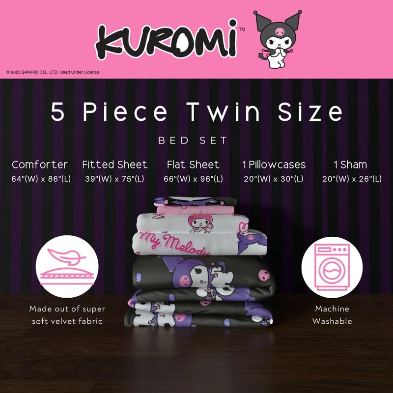 Franco Sanrio Kuromi & My Melody Bedding 5 Piece Super Soft Cozy Reversible Comforter and Sheet Set with Sham, Twin, (Officially Licensed Product) by Franco - Image 2
