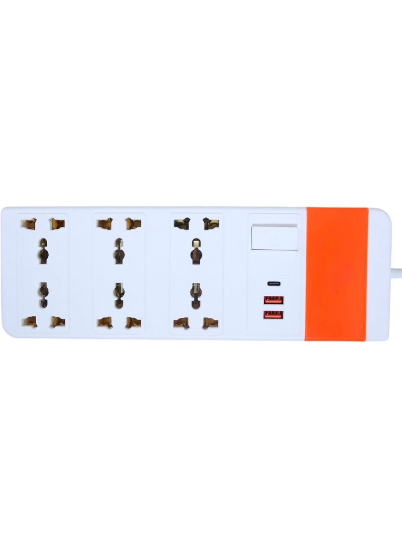 Power Strip, 6 Outlets, 2 USB and Type-C Port, White - Image 1
