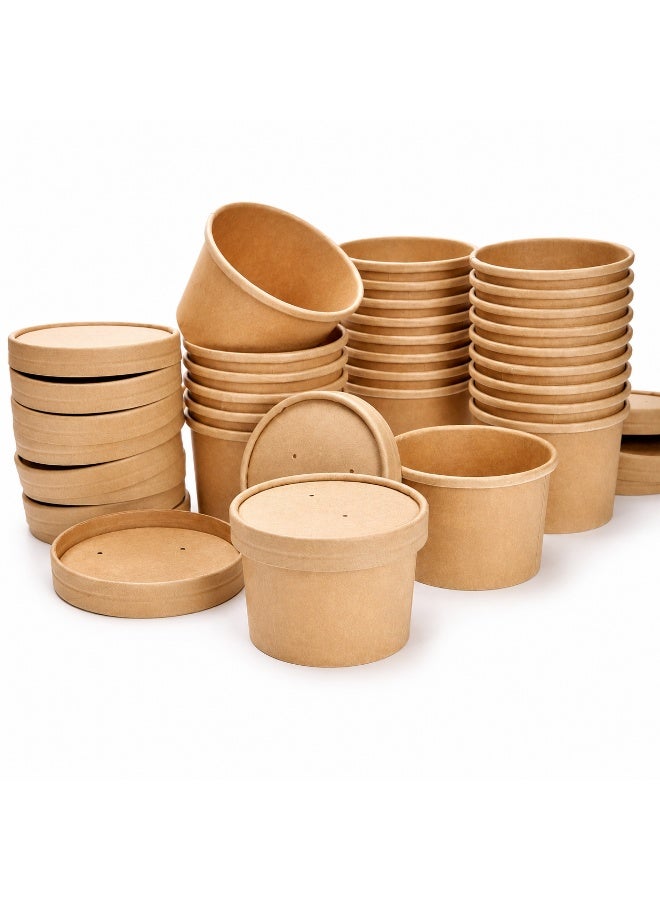 ecoway Paper Disposable Soup Bowl Tube 8 Oz - Pack Of 25 Brown Kraft Soup Containers with Lids Disposable Takeaway Paper Soup Cups Takeaway Tubes - Image 1