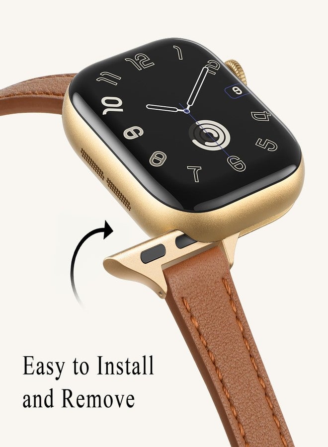 أساور جلدية رفيعة من STIROLL متوافقة مع ساعات Apple Watch مقاس 38 مم، 40 مم، 41 مم، 42 مم (السلسلة 10)، سوار معصم رفيع من الجلد الطبيعي عالي الجودة لساعات iWatch Ultra SE من السلسلة 10/9/8/7/6/5/4/3/2/1 (بني مع ذهبي) - Image 3