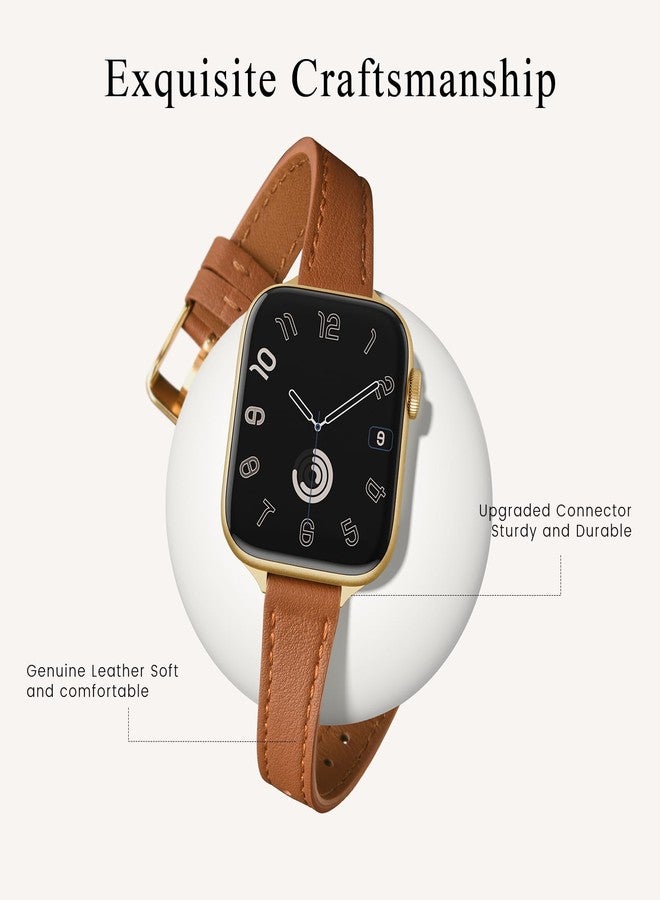 أساور جلدية رفيعة من STIROLL متوافقة مع ساعات Apple Watch مقاس 38 مم، 40 مم، 41 مم، 42 مم (السلسلة 10)، سوار معصم رفيع من الجلد الطبيعي عالي الجودة لساعات iWatch Ultra SE من السلسلة 10/9/8/7/6/5/4/3/2/1 (بني مع ذهبي) - Image 2