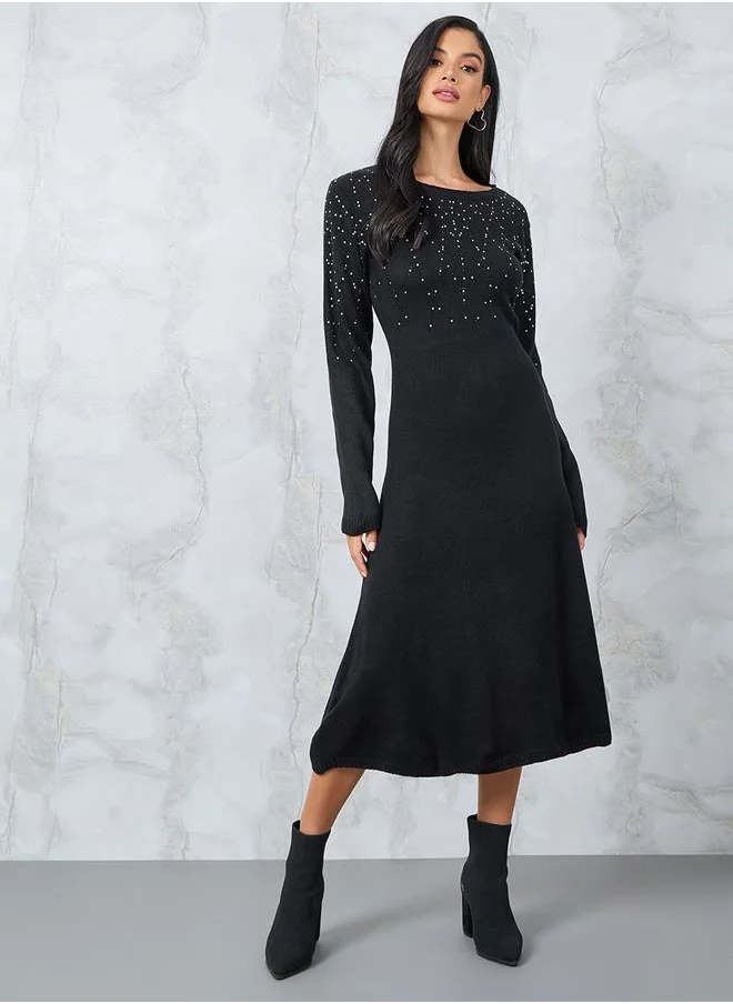 Styli Embellished Knit Sweater Midi Dress