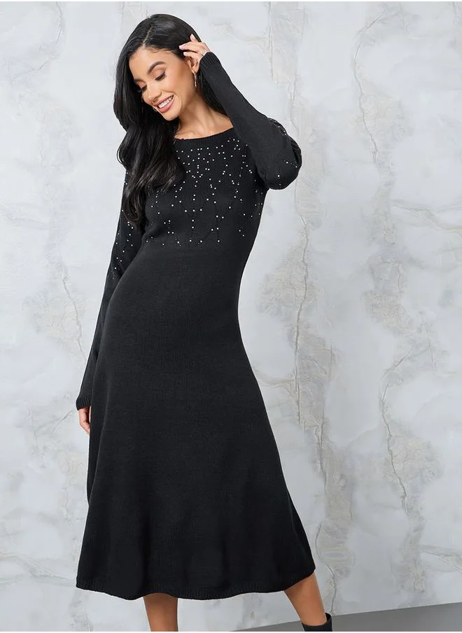 Styli Embellished Knit Sweater Midi Dress