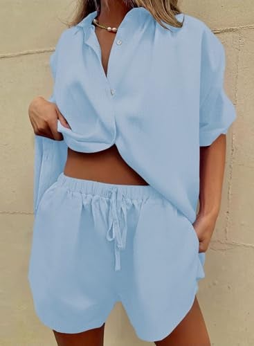 Fixmatti Women Summer Shorts Set Two Piece Outfits Button Down Shirt Short Pant Sweatsuit Blue L - Image 3