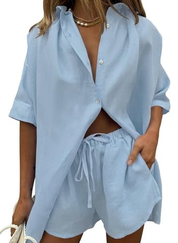 Fixmatti Women Summer Shorts Set Two Piece Outfits Button Down Shirt Short Pant Sweatsuit Blue L - Image 1