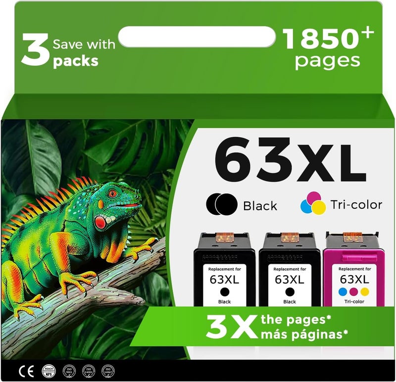Relcolor 63XL Ink Cartridges Black Color Combo 3 Pack Replacement for HP Ink 63 XL HP63 HP63XL for Officejet 3830 4650 4652 4655 5200 5252 5255 5258 Envy 4520 4512 Deskjet 1112 2132 3630 3632 Printer - Image 1