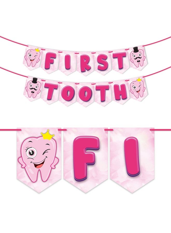 Wobbox First Tooth Bunting Banner, Pink Colour Stylish Font, First Tooth Decoration, Happy Birthday Decoration - Image 1